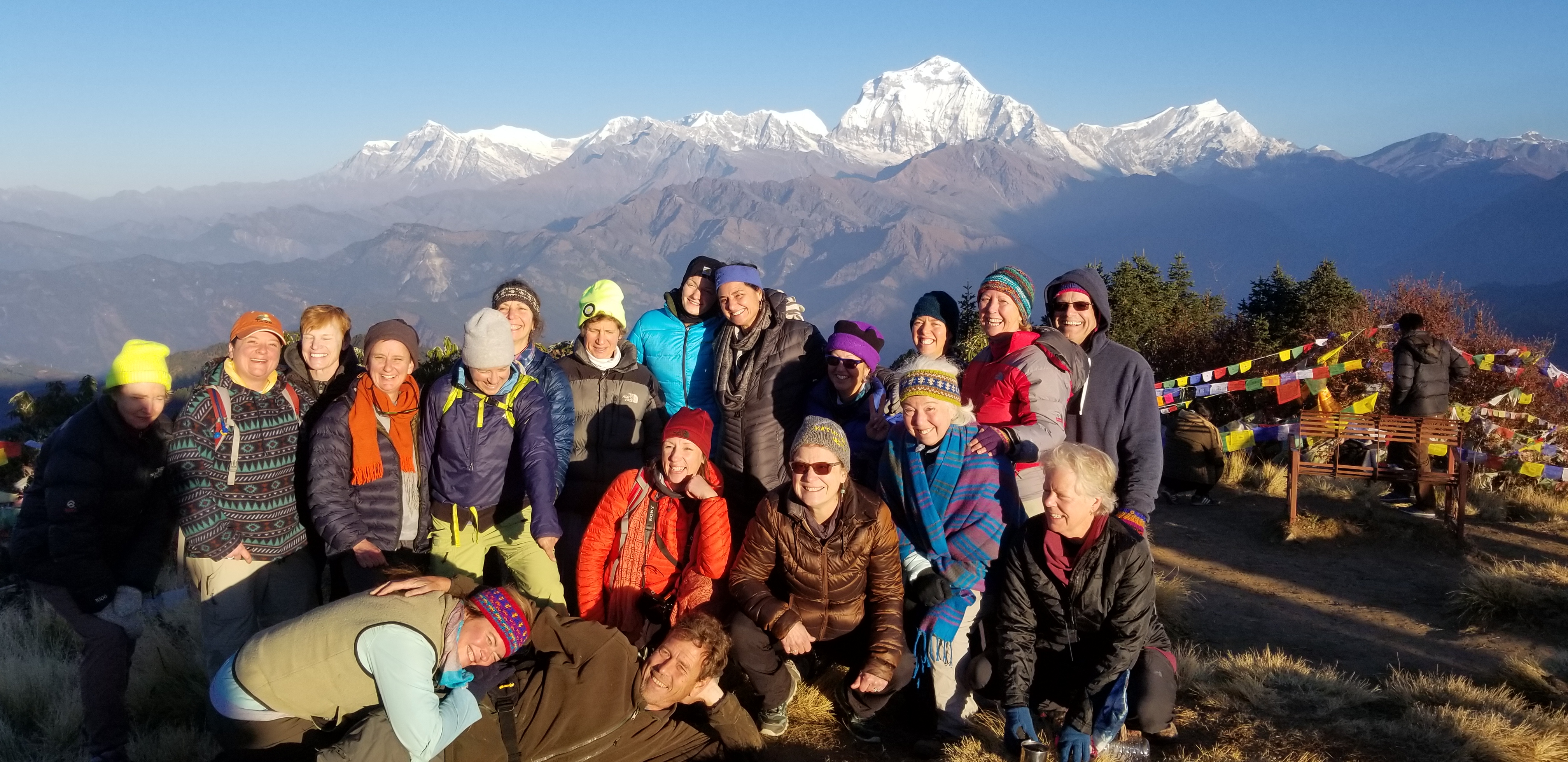 tour group posing before the snow capped himalayas
