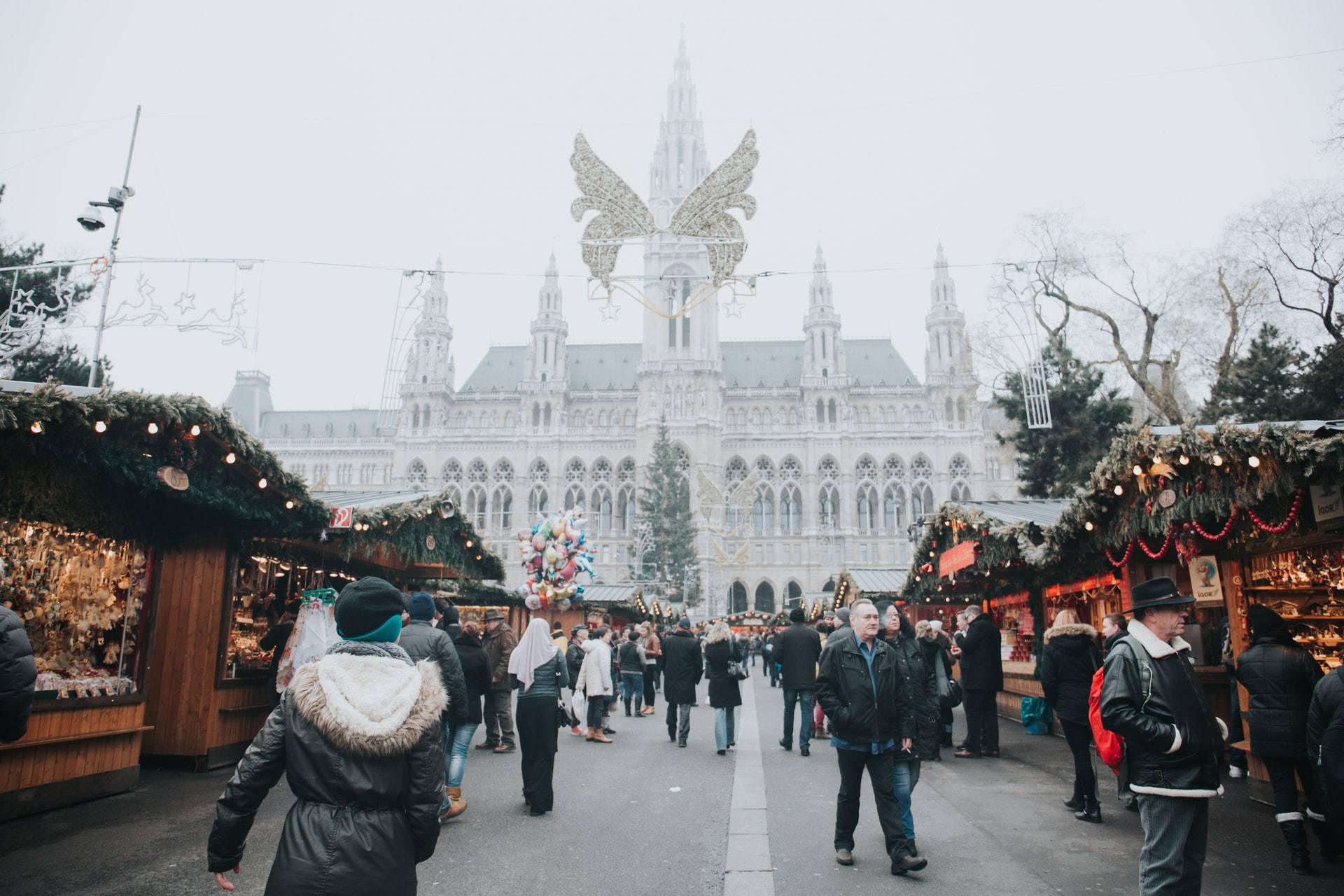vienna palace in distance with christmas market stalls